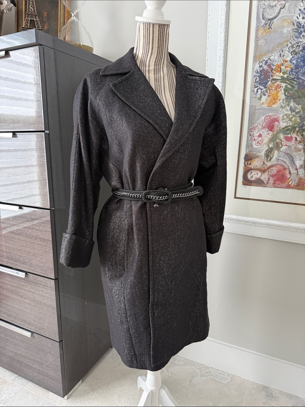 Theory Charcoal Wrap Pea Coat with Braided Belt